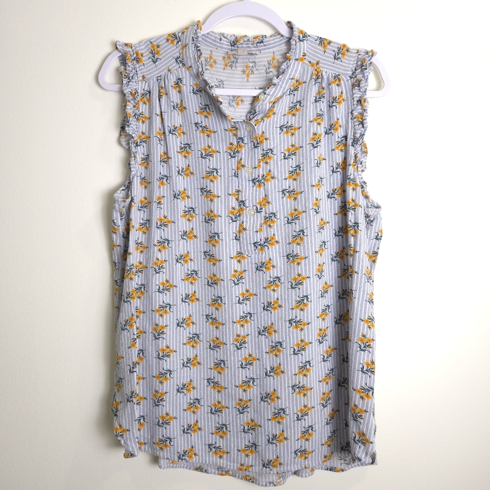 LOFT Floral Sleeveless Blue Striped Ruffle Cottagecore Tank Blouse L